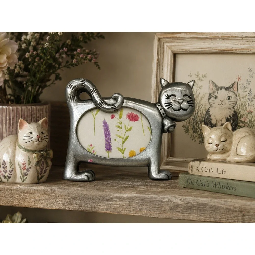 Vintage Silver Tone Metal Cat Picture Frame Feline Kitten Small Oval Photo 4in